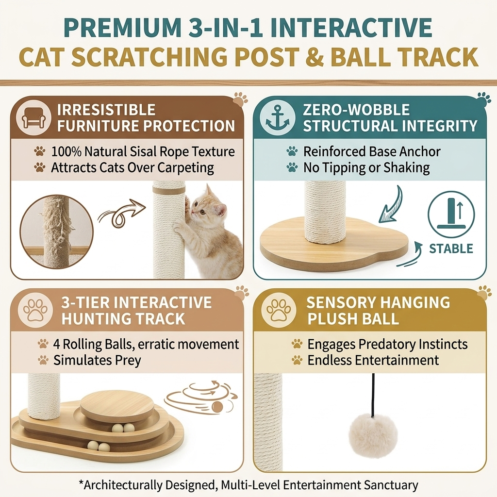 3-in-1 Interactive Cat Scratching Post & Ball Track | 100% Natural Sisal Tower with Heavy-Duty Anti-Tipping Base