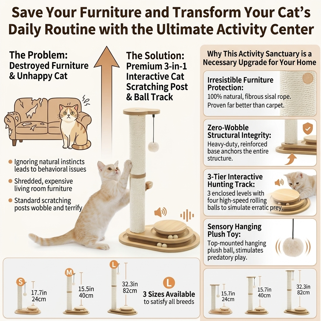 3-in-1 Interactive Cat Scratching Post & Ball Track | 100% Natural Sisal Tower with Heavy-Duty Anti-Tipping Base