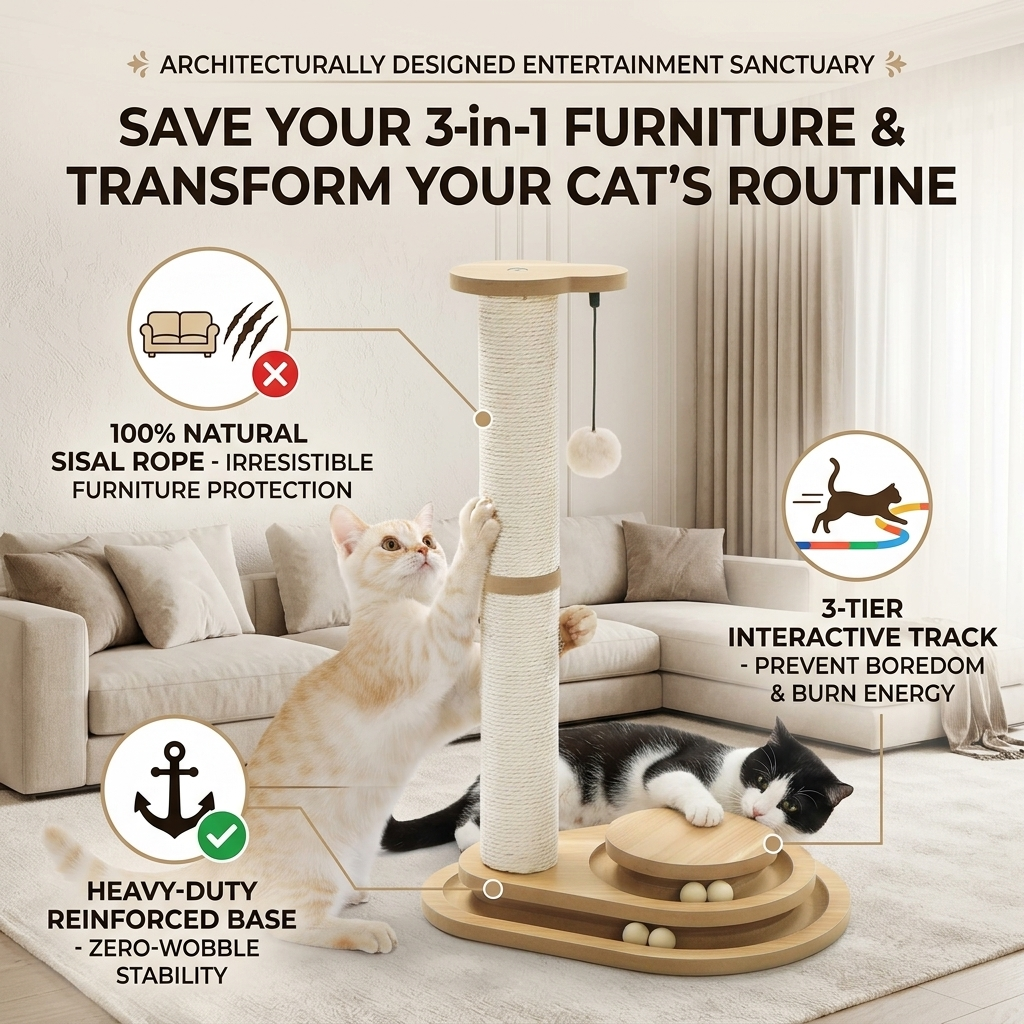 3-in-1 Interactive Cat Scratching Post & Ball Track | 100% Natural Sisal Tower with Heavy-Duty Anti-Tipping Base