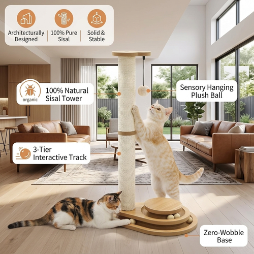 3-in-1 Interactive Cat Scratching Post & Ball Track | 100% Natural Sisal Tower with Heavy-Duty Anti-Tipping Base