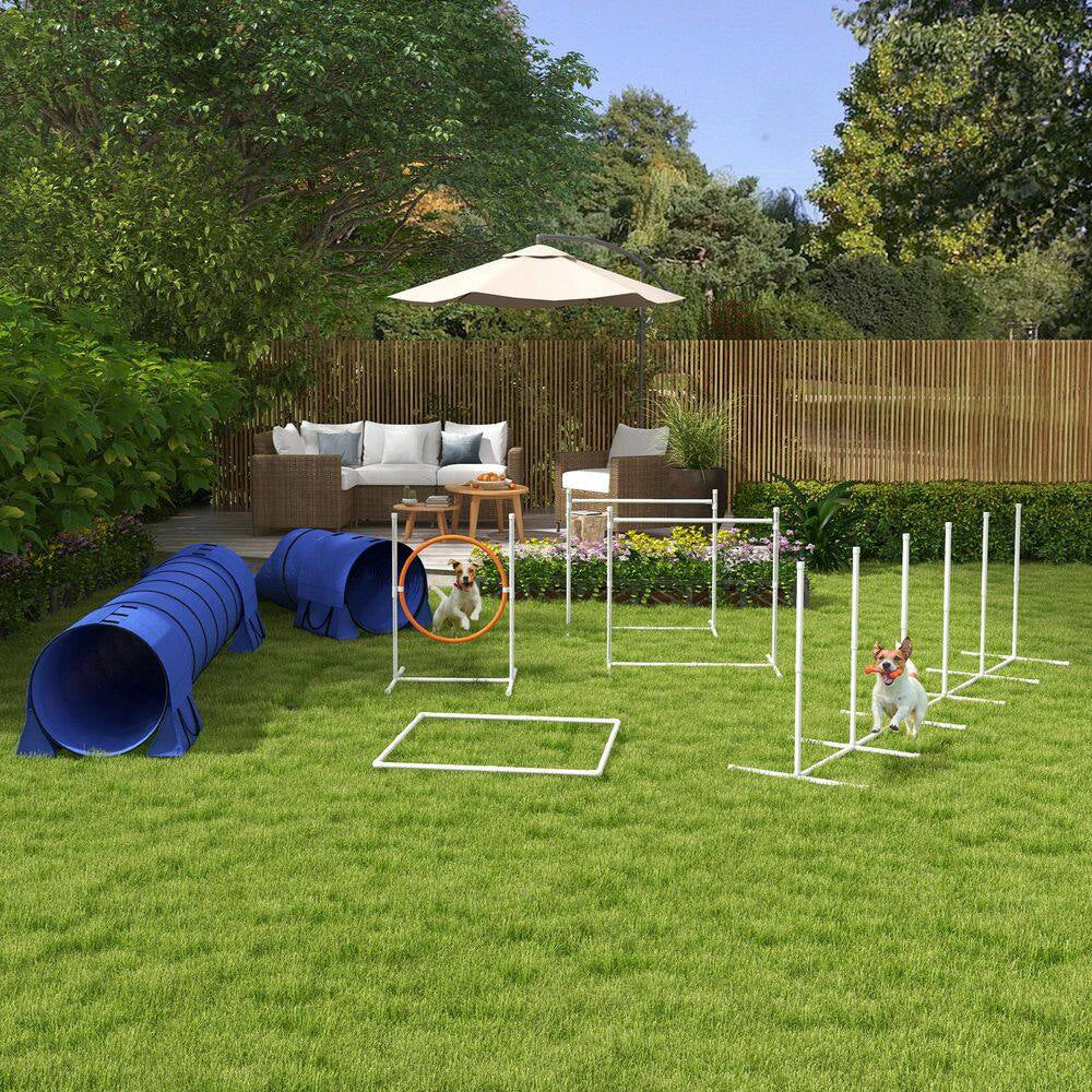 7 Piece Dog Agility Training Equipment with Tunnels, Weave Poles, Hurdle Jumping Ring, Pause Box, Whistle, Blue