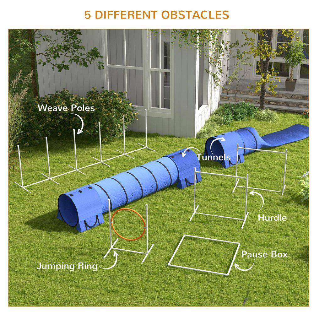 7 Piece Dog Agility Training Equipment with Tunnels, Weave Poles, Hurdle Jumping Ring, Pause Box, Whistle, Blue