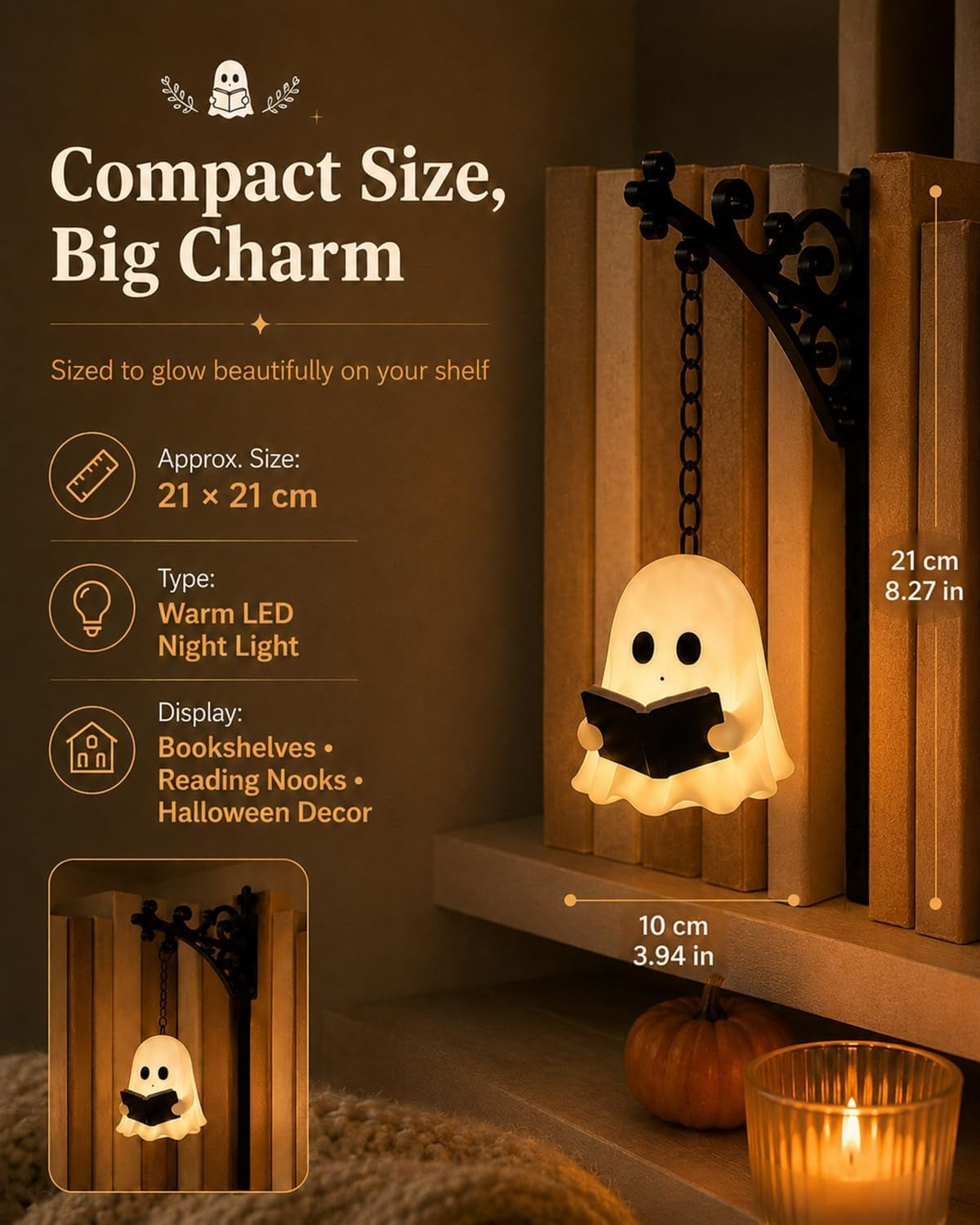 Ghost Bookshelf Lantern - Elegant Ghost Reading Lamp for Bookshelves and Halloween Decor, Gentle Warm LED Night Light