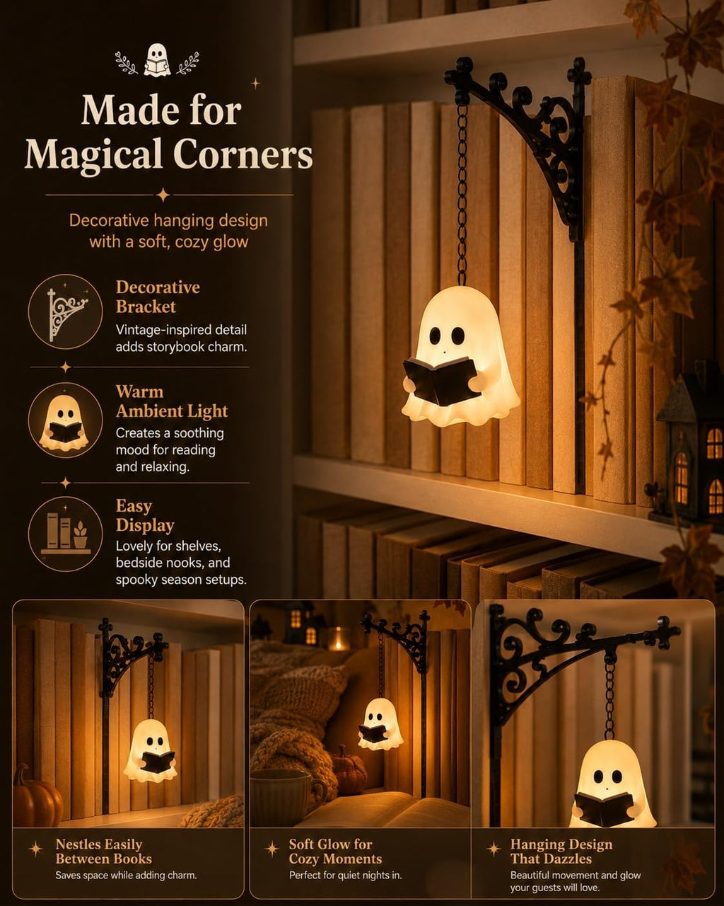 Ghost Bookshelf Lantern - Elegant Ghost Reading Lamp for Bookshelves and Halloween Decor, Gentle Warm LED Night Light