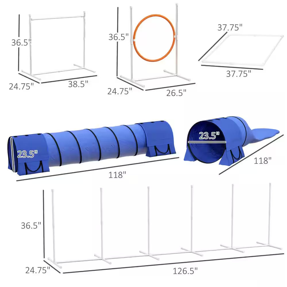 7 Piece Dog Agility Training Equipment with Tunnels, Weave Poles, Hurdle Jumping Ring, Pause Box, Whistle, Blue