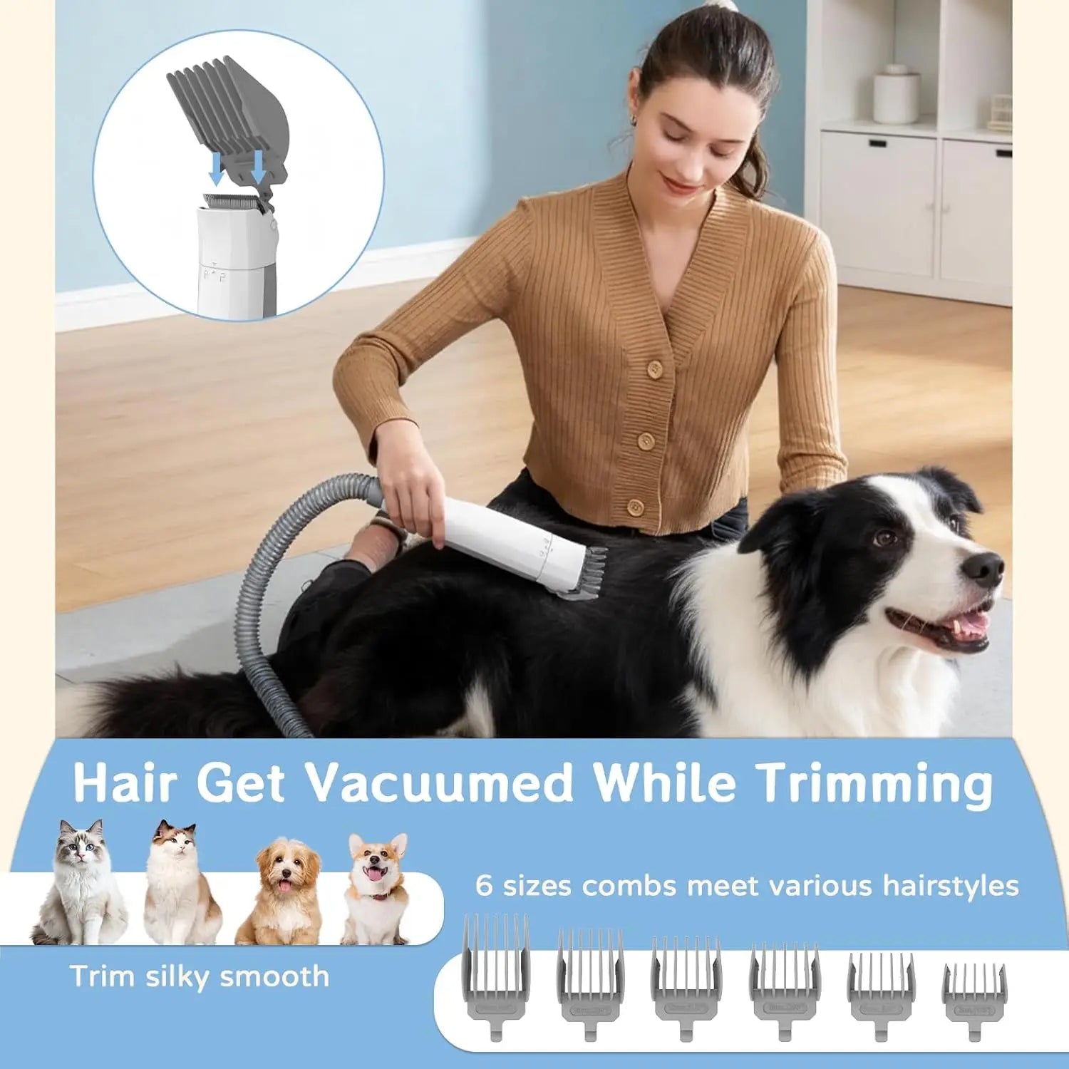 Professional Pet Grooming Vacuum Kit with Clipper and Nail Grinder, Includes 6 Essential Tools for Dog and Cat Shedding Care