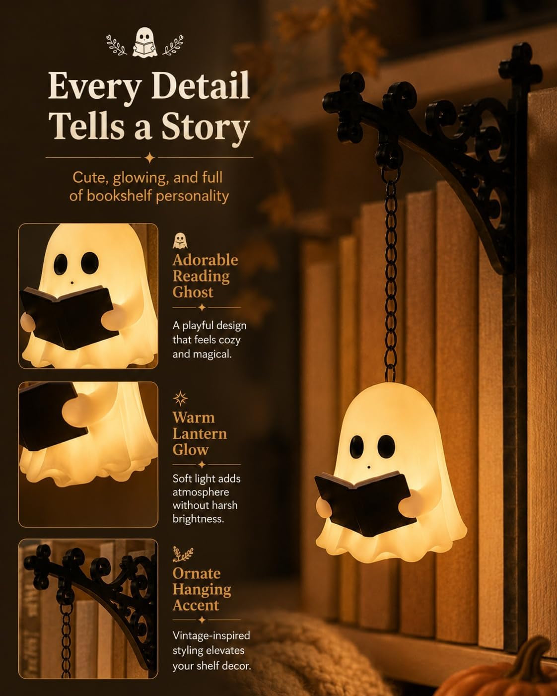 Ghost Bookshelf Lantern - Elegant Ghost Reading Lamp for Bookshelves and Halloween Decor, Gentle Warm LED Night Light