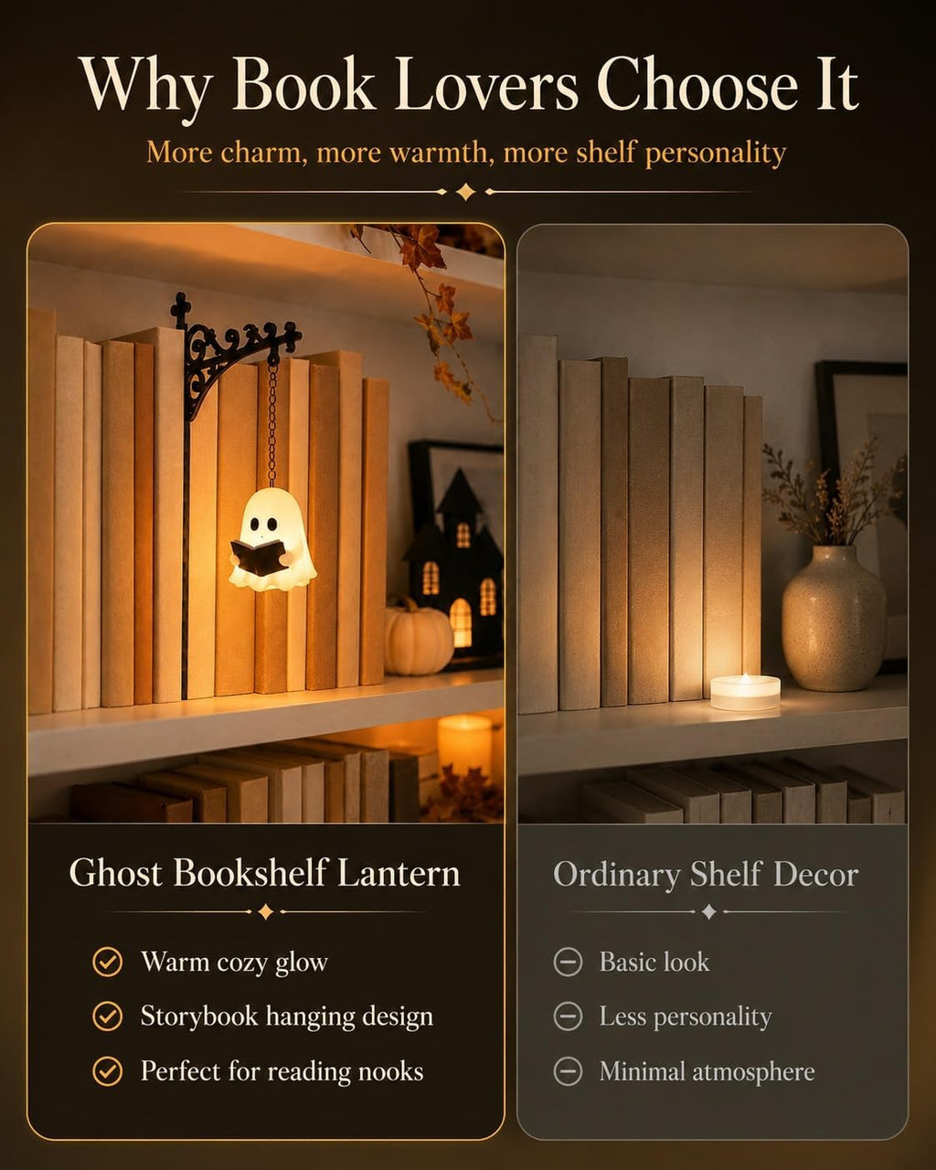 Ghost Bookshelf Lantern - Elegant Ghost Reading Lamp for Bookshelves and Halloween Decor, Gentle Warm LED Night Light