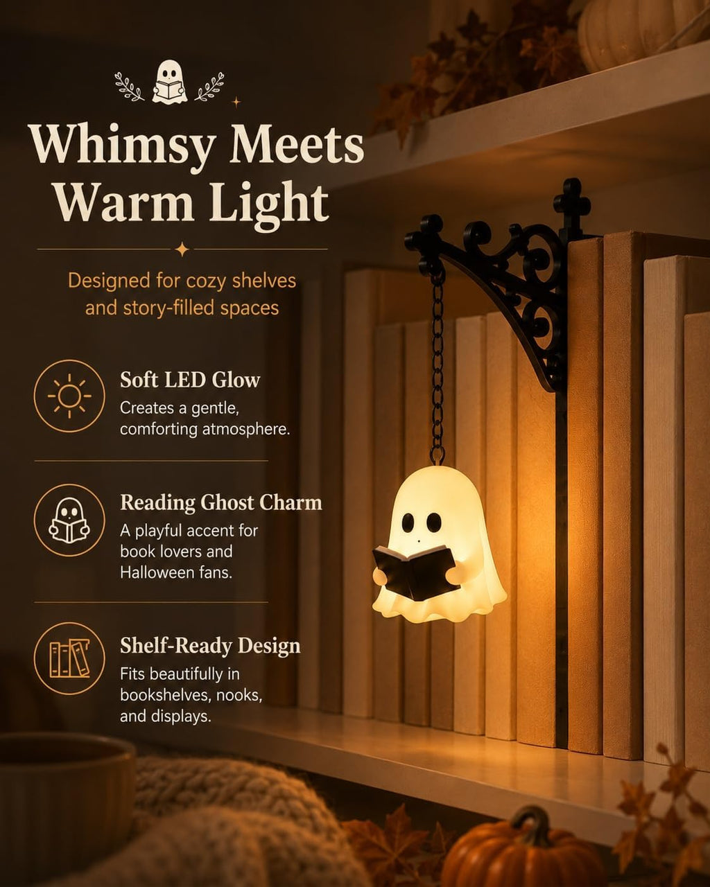 Ghost Bookshelf Lantern - Elegant Ghost Reading Lamp for Bookshelves and Halloween Decor, Gentle Warm LED Night Light