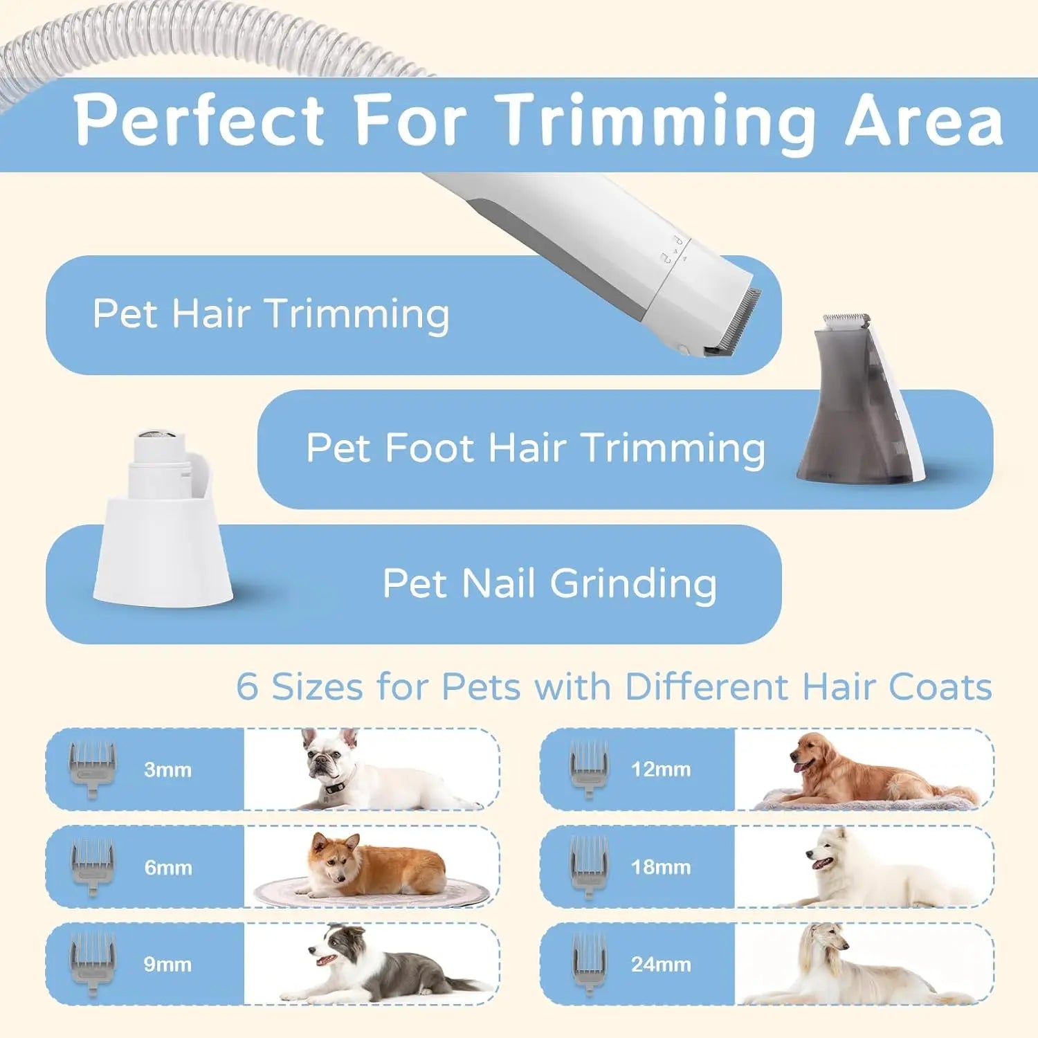 Professional Pet Grooming Vacuum Kit with Clipper and Nail Grinder, Includes 6 Essential Tools for Dog and Cat Shedding Care