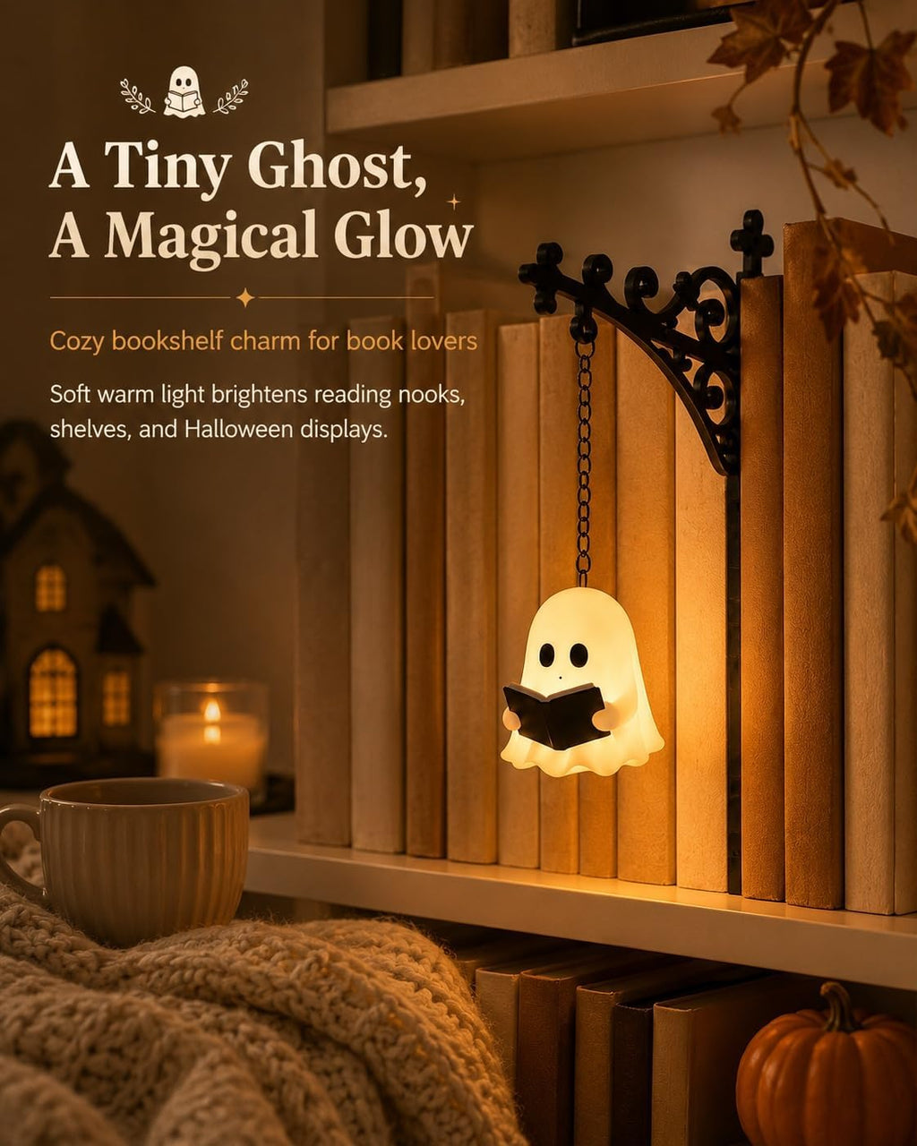 Ghost Bookshelf Lantern - Elegant Ghost Reading Lamp for Bookshelves and Halloween Decor, Gentle Warm LED Night Light