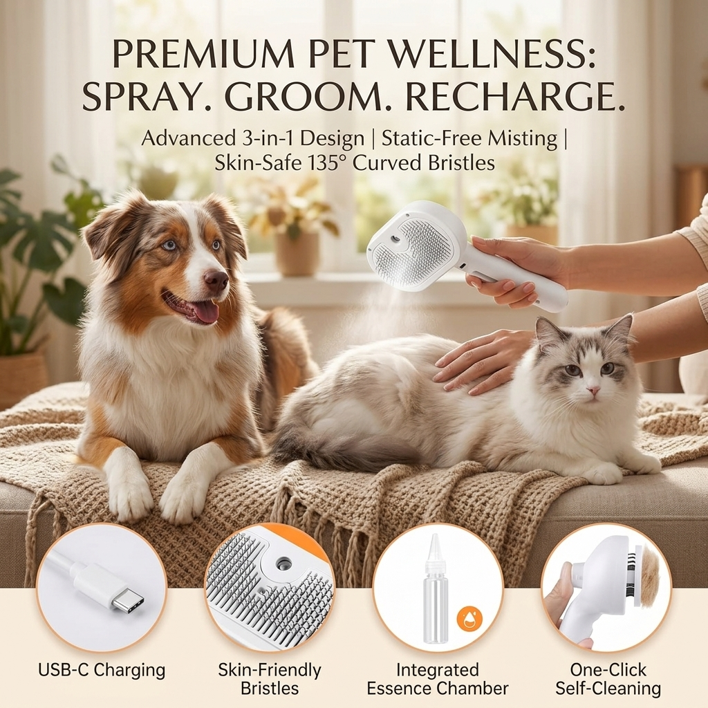 Premium 3-in-1 Ionic Nano-Mist Pet Brush