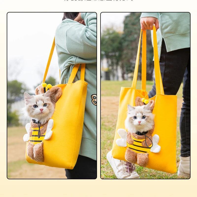 Bee-Shaped Canvas Shoulder Carrier for Small Pets - Stylish and Portable Cat Tote Bag