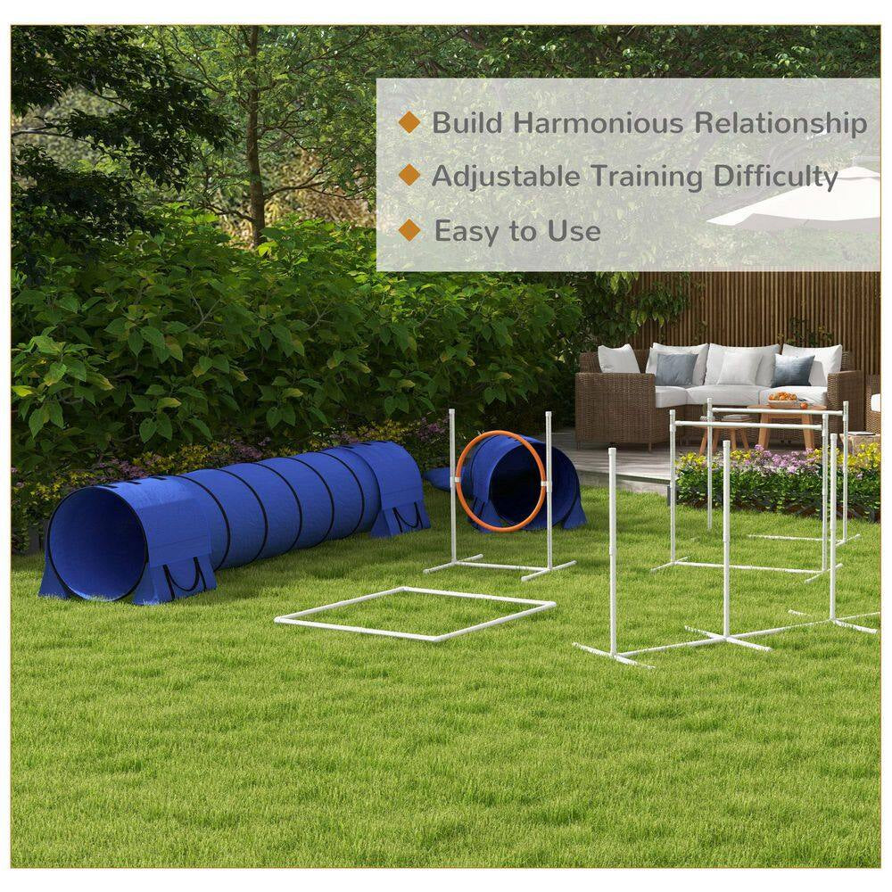 7 Piece Dog Agility Training Equipment with Tunnels, Weave Poles, Hurdle Jumping Ring, Pause Box, Whistle, Blue