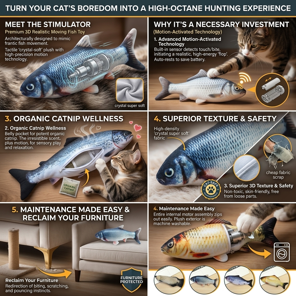 3D Realistic Moving Fish Cat Toy | Interactive Motion-Activated Flopping Toy with Built-in Catnip Pouch | Ultra-Soft Plush Stress Relief & Exercise Simulator for Indoor Cats