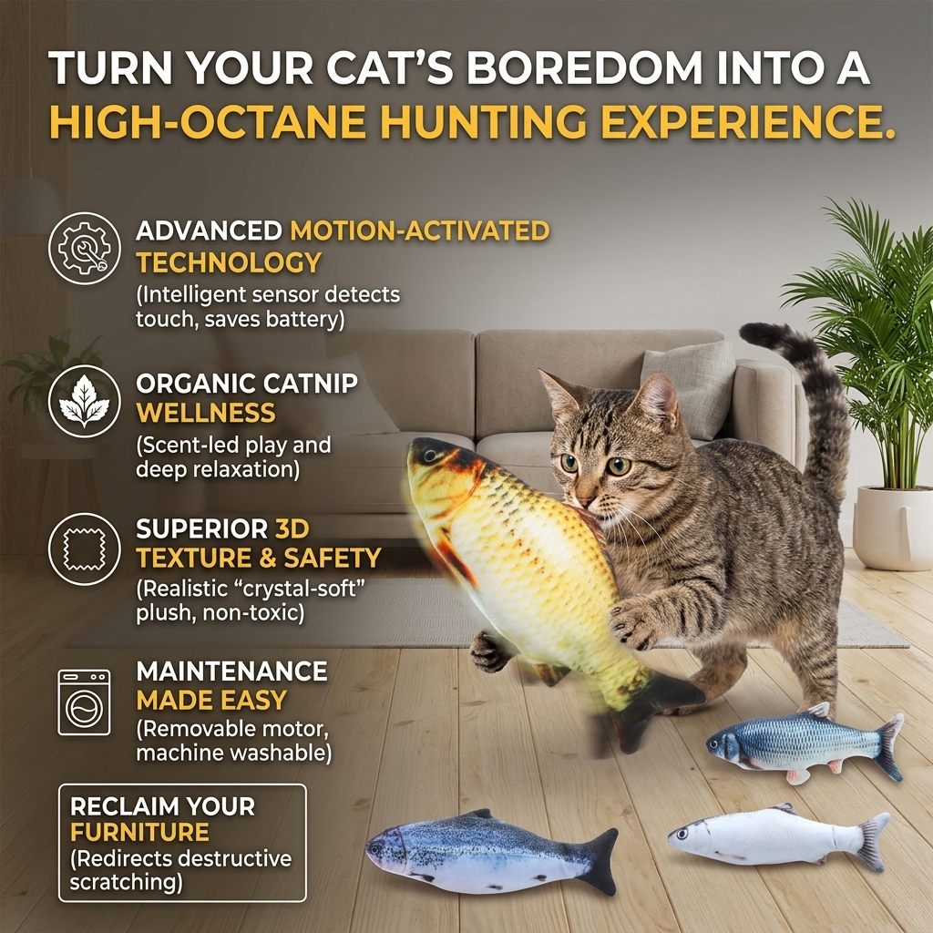 3D Realistic Moving Fish Cat Toy | Interactive Motion-Activated Flopping Toy with Built-in Catnip Pouch | Ultra-Soft Plush Stress Relief & Exercise Simulator for Indoor Cats