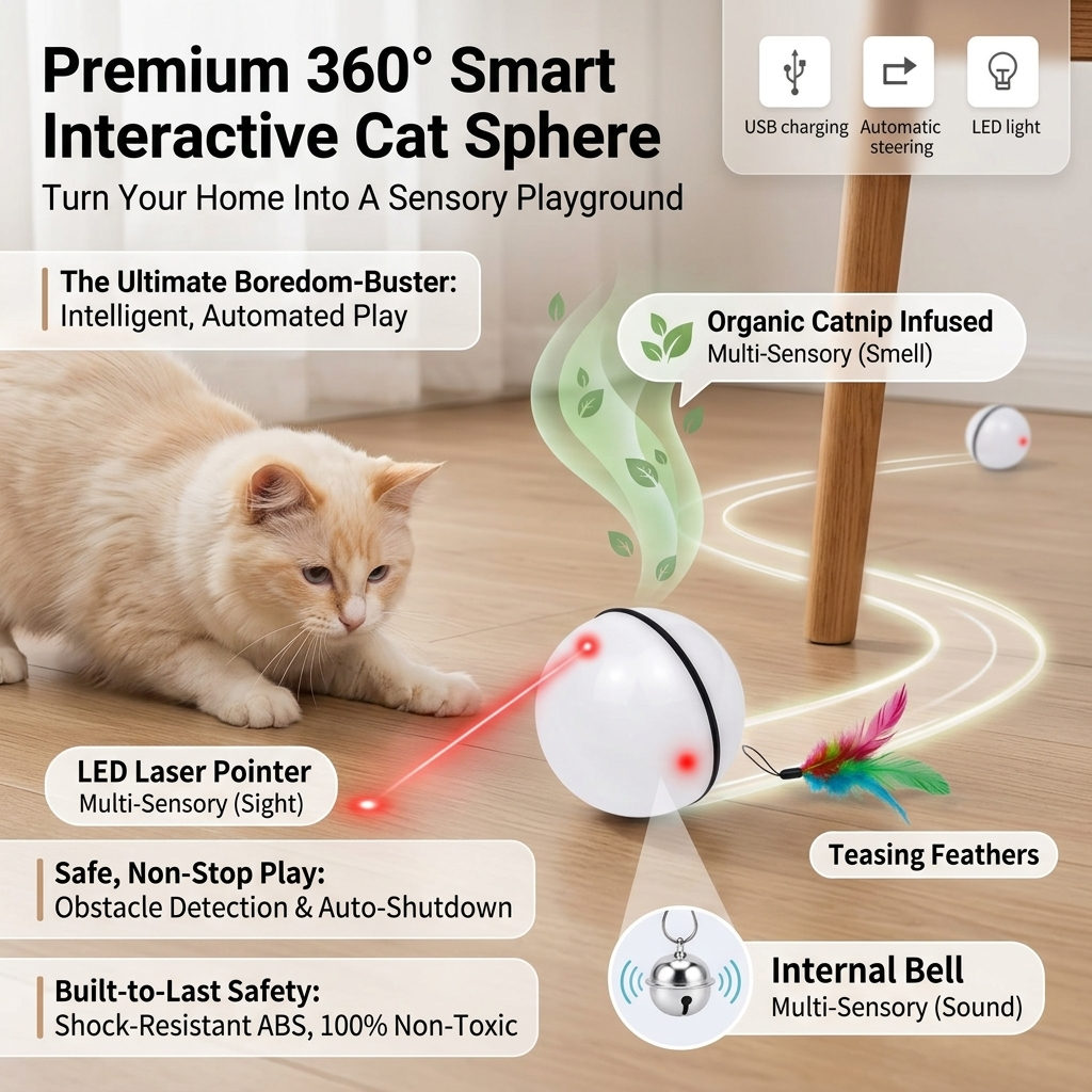 Premium 360° Smart Laser Cat Toy Ball | Motion-Activated Interactive Rolling Sphere with Catnip, Bells & Feathers | USB Rechargeable Boredom-Buster for Indoor Cats
