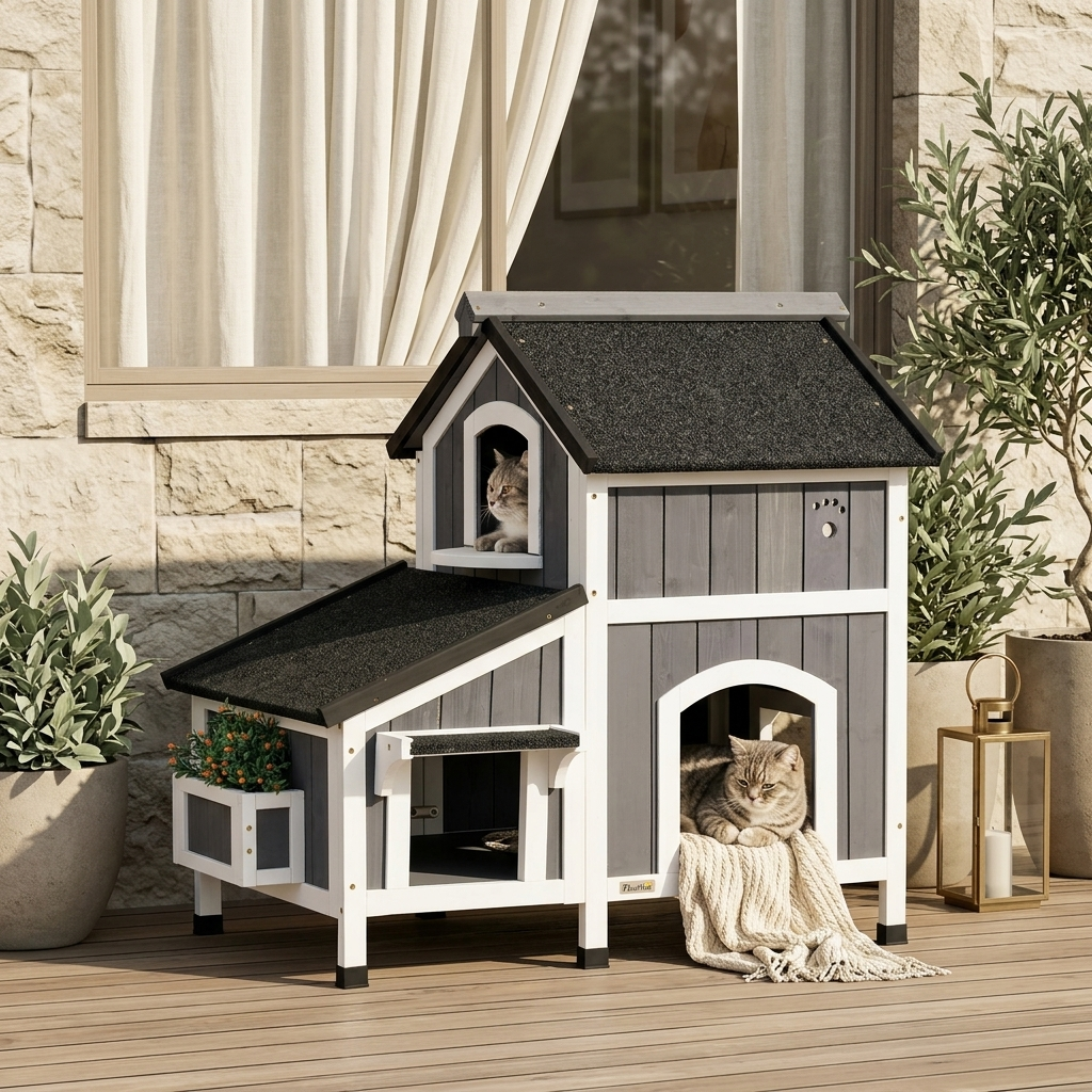 Outdoor Cat House with Weather-resistant Roof & Garden Bed, Outdoor Cat Shelter Enclosure with Multiple Entrances, Modern Cat Furniture Hideout, Cat Gifts, Gray