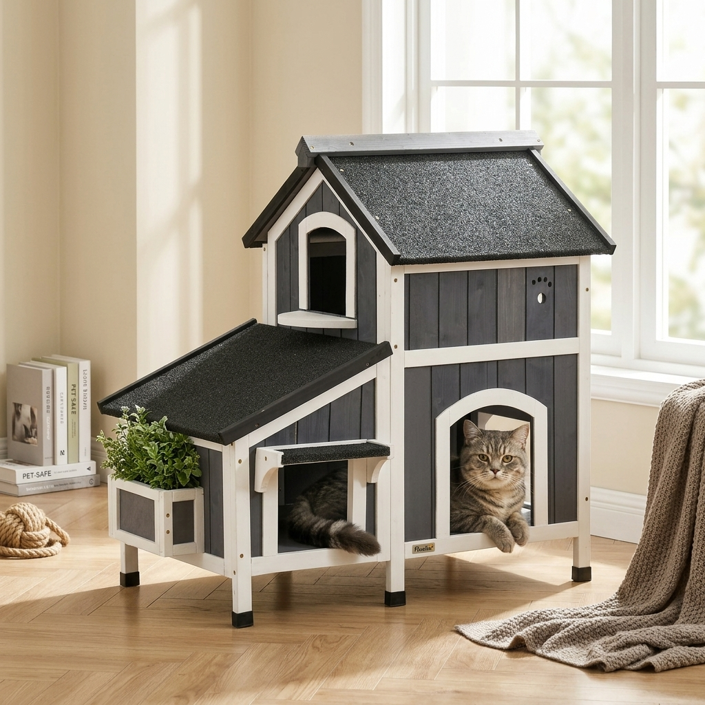 Outdoor Cat House with Weather-resistant Roof & Garden Bed, Outdoor Cat Shelter Enclosure with Multiple Entrances, Modern Cat Furniture Hideout, Cat Gifts, Gray