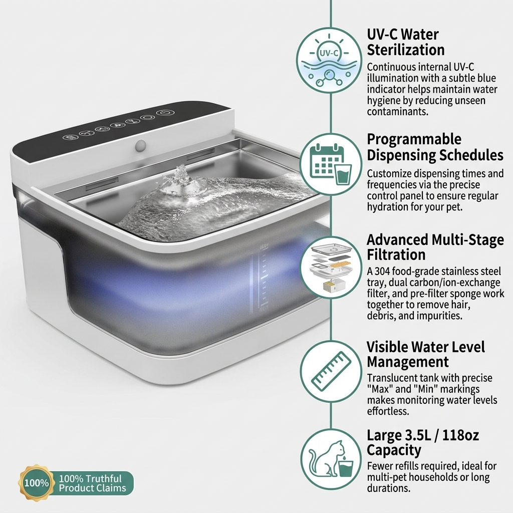 Advanced Ultra-Quiet Pet Water Fountain | Multi-Stage Filtration Continuous Flow Dispenser